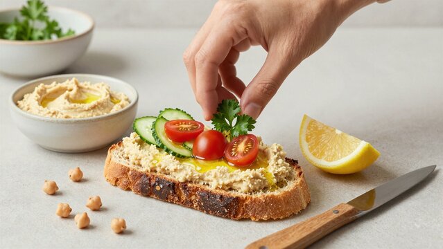 A hand garnishes a slice of toasted bread with creamy hummus, fresh cucumber, cherry tomatoes, and herbs for a healthy appetizer.