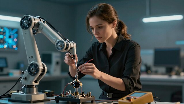 A focused technician meticulously assembles intricate components of a humanoid robot in a high-tech laboratory environment.