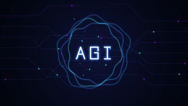 AGI artificial general intelligence technology animation with glowing circuit ring on dark blue background
