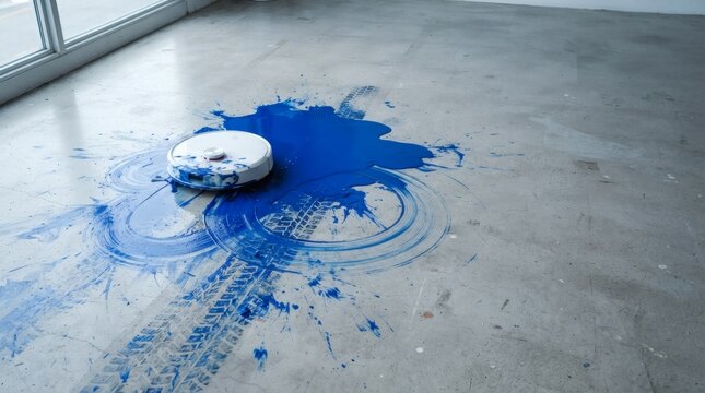 Robot vacuum cleaner spills blue paint on concrete floor