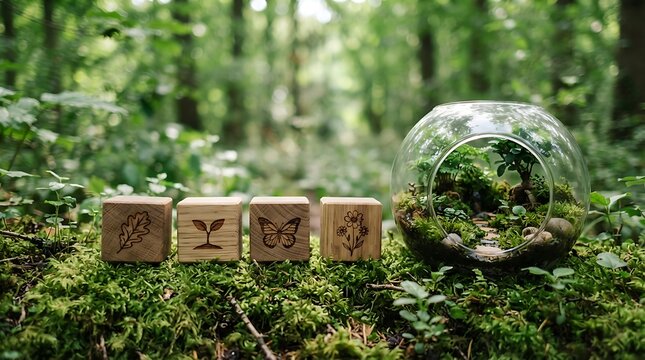 Wooden blocks with tree symbols rest on mossy ground in a lush forest setting