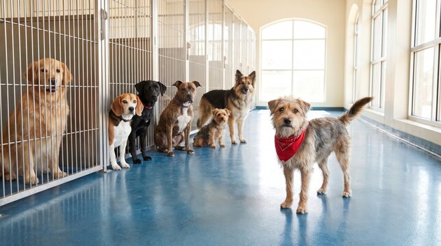 Dogs sitting in a row at a professional pet boarding facility.