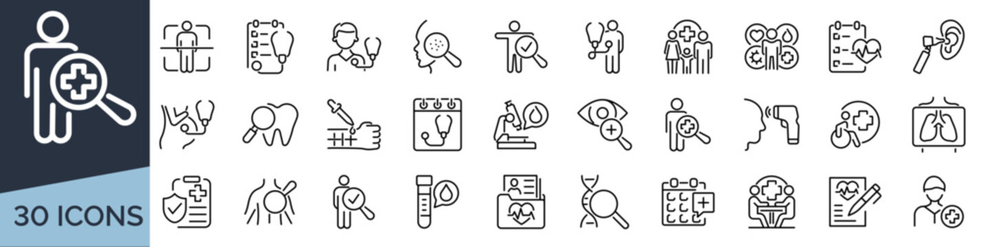 Set of 30 outline icons related to health check up. Linear icon collection. Editable stroke. Vector illustration