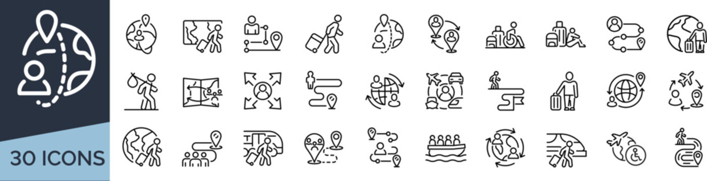Set of 30 outline icons related to migration, relocation. Linear icon collection. Editable stroke. Vector illustration