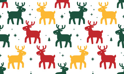 Festive reindeer pattern with colorful stylized deer and winter elements on a white background © Masum