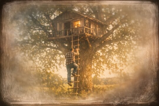 A person standing on a ladder in front of a treehouse, great for illustrations or DIY projects