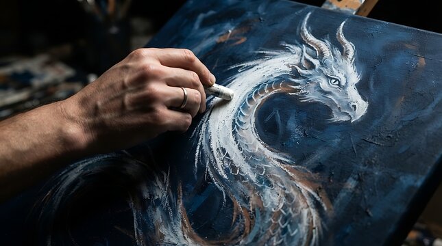 Artist carefully sculpting a detailed dragon from a block of white stone