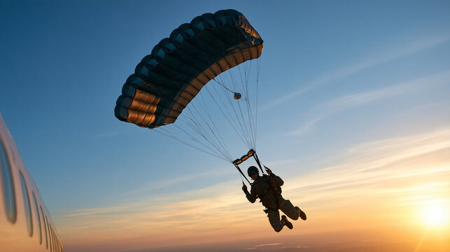 Faceless airborne soldier with a parachute jumping out of an airplane at sunrise, paratrooper training and skydiving concept, with copy space