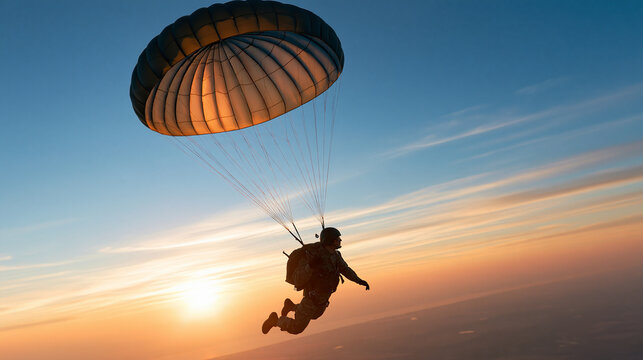 Faceless airborne soldier with a parachute jumping out of an airplane at sunrise, paratrooper training and skydiving concept, with copy space