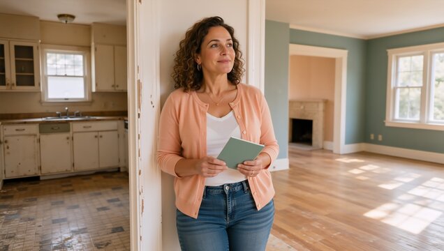 Woman holding notebook during home renovation project. Happy homeowner standing between old kitchen and remodeled room. Real estate concept