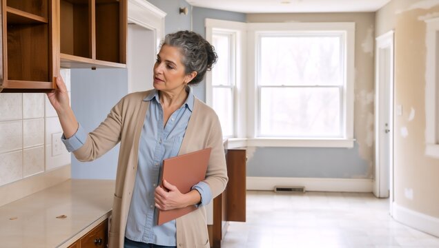 Mature female real estate agent inspecting kitchen cabinets. Home renovation inspection and evaluation concept