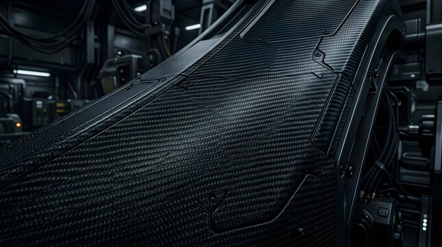 Dark industrial conveyor belt in futuristic factory interior, black textured machinery surface with dramatic lighting and advanced system design

