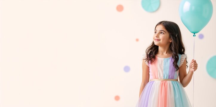 Cheerful young girl holding blue balloon against party background. Cute child in pastel dress celebrating birthday with copy space
