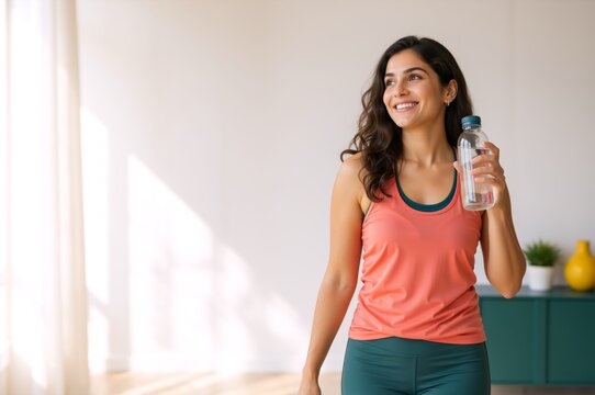 Smiling young woman holding water bottle in bright room. Healthy female resting after home workout. Hydration and wellness concept
