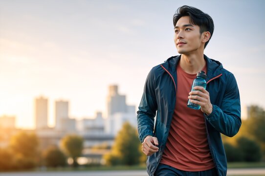 Young asian man running in city park holding water bottle. Male runner exercising outdoors during golden hour. Urban fitness and hydration concept