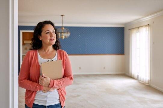 Female real estate agent holding clipboard in empty house. Middle aged woman inspecting new property. Home buying and moving concept