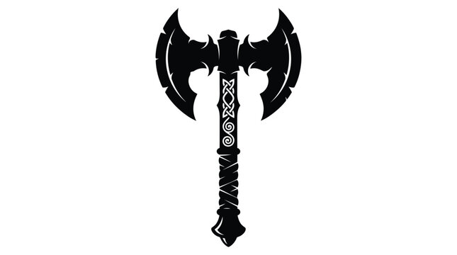 Black silhouette of a double bladed battle axe on a white background