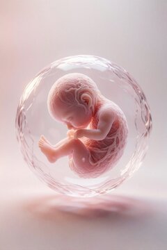 Early human embryo floats inside transparent amniotic sac. Tiny fetus develops in womb during pregnancy. Medical 3D render shows fetal growth, anatomy, cellular life. Science concept of reproduction,