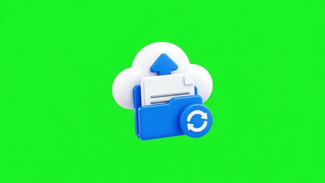 3D render of a cloud storage folder icon with an upload arrow and sync symbol on a green background