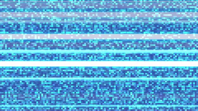 Abstract digital glitch art motion background with light blue horizontal noise stripes effect.