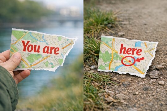 A person holding a sign that says 'You Are Here', likely in a park or outdoor setting