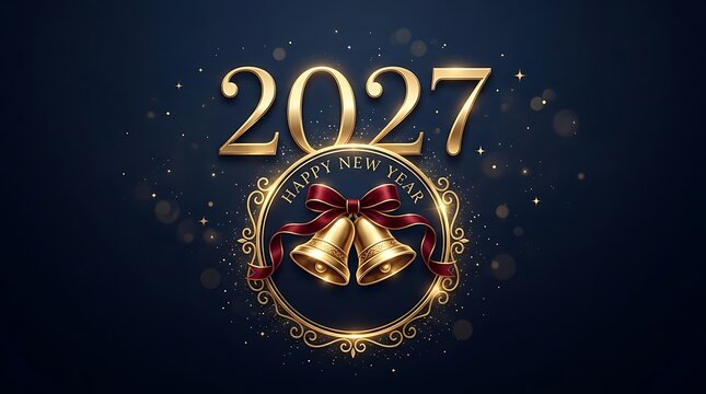 Golden new year 2027 celebration with festive bells and sparkling decorations