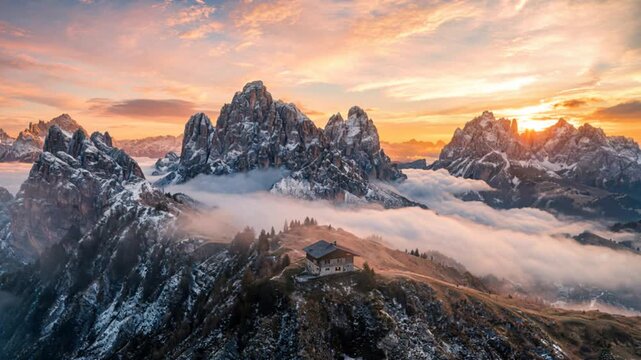 remote alpine house on cliff in dolomites italy aerial view timelapse