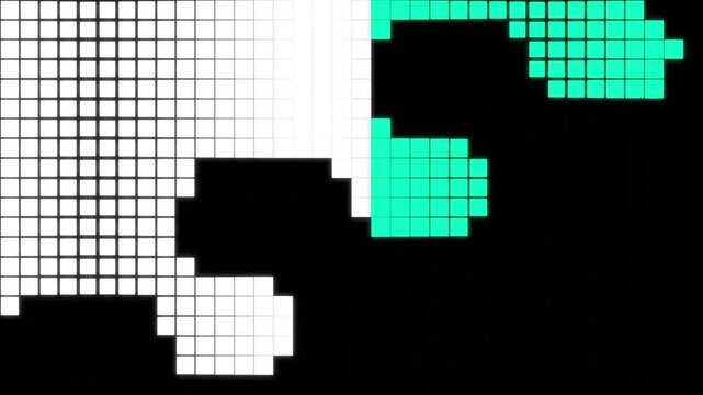Pixelated abstract face transforming with digital glitch effect on black background.