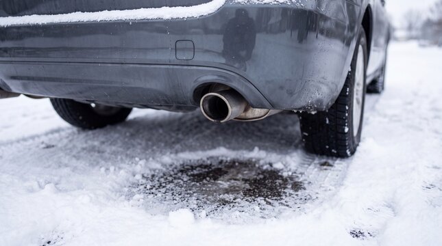 Car Exhaust Pipe in Snowy Winter Conditions