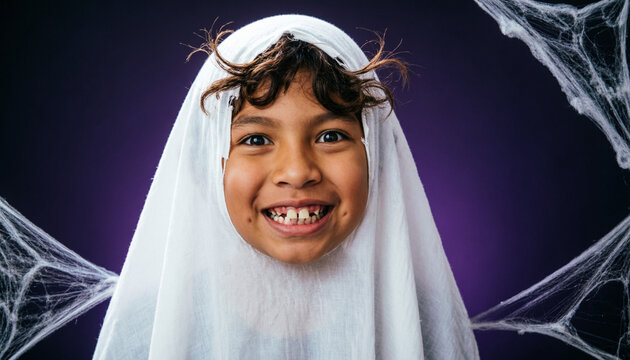 Smiling Child Dressed as a Ghost with Decorative Spider Webs on Dark Background / Ni&ntilde;o Sonriente Disfrazado de Fantasma con Telara&ntilde;as Decorativas sobre Fondo Oscuro