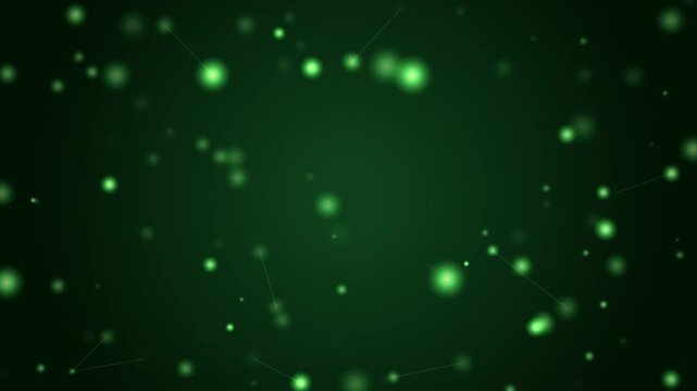Abstract background motion graphic with glowing green particles connecting in dynamic dark space loop.