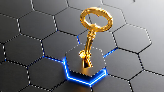 Golden Key and Hexagon Puzzle Pieces 3D Rendering