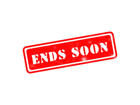 A rectangular red stamp with the white text ends soon, featuring a grunge stencil font, isolated on a solid black background, for retail sales isolated on a transparent background