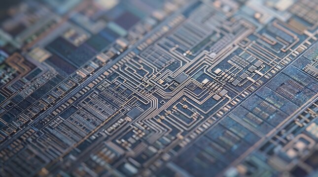 Macro of a silicon wafer surface showing intricate microscopic circuit patterns and metallic interconnects in blue tones