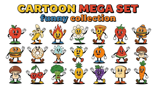 Retro Cartoon Mega Set Funny Collection, Vintage Mascot Characters Vector Illustration, Quirky Food and Object Stickers