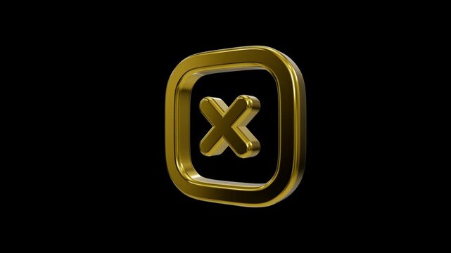 Glossy gold square cancel icon with central cross mark