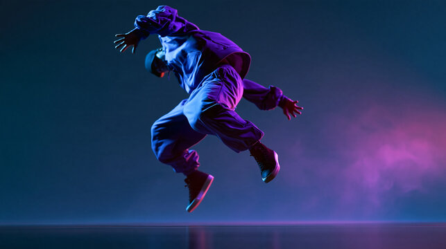 Faceless male hip-hop dancer jumping and flying through the air in neon club lighting, break dance concept, with copy space