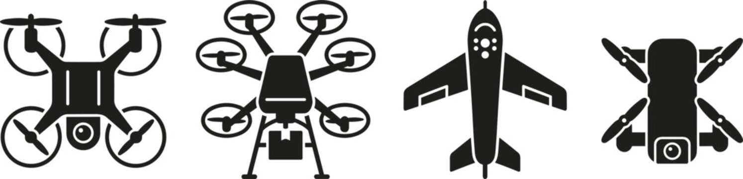 Quadcopter and fixed wing drone glyph icon set featuring various solid black aerial vehicle silhouettes