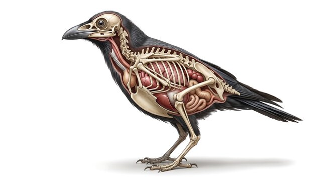 Crow bird full body cutaway showing internal organs and skeletal structure on white background.