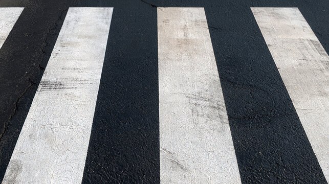 Old damaged pedestrian crossing texture with worn white stripes on cracked asphalt, for game visualization and design, with copy space