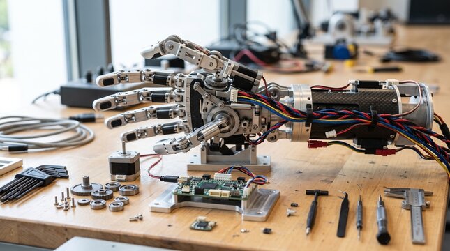 Mechanical robotic hand surrounded by electronic components and tools on a wooden workbench in a workshop.
