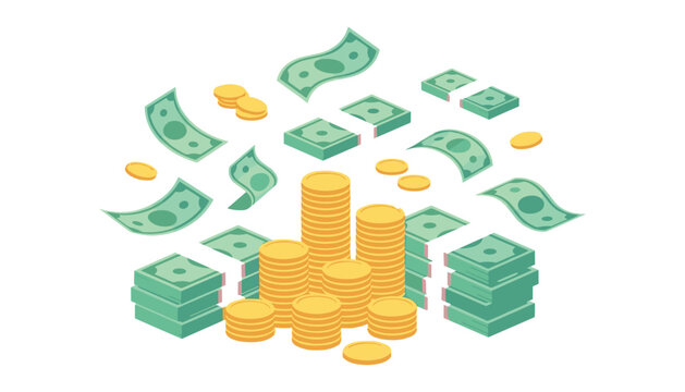 Financial wealth investment money stack and flying cash vector illustration. Gold coin piles, green banknote bundles, floating bills, banking and economy growth business elements.