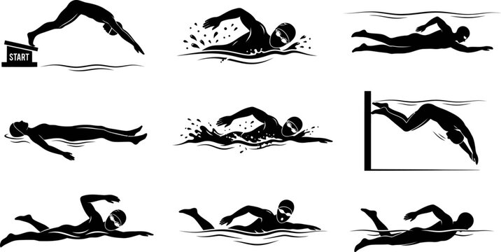 Set of black silhouette icons depicting various swimming styles and diving poses for sports design projects