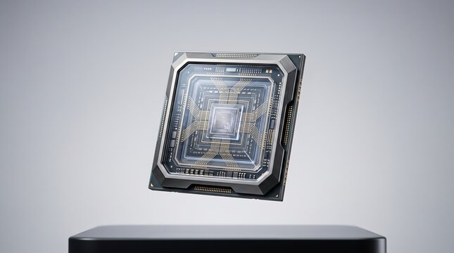 High-tech computer processor chip with intricate gold circuitry floating above a black surface against a clean neutral grey studio background