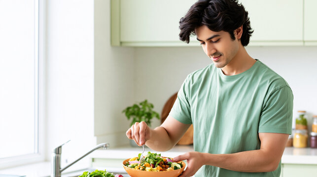 Young man preparing healthy vegetable salad in bright modern kitchen, enjoying fresh nutritious food and balanced home cooking