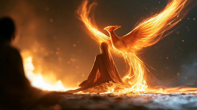 Faceless person watching a reborn phoenix rise from the ashes, concept of rebirth, transformation, hope and overcoming adversity, with copy space