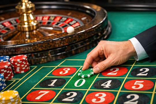 A roulette game setup with chips on the table, ready for play