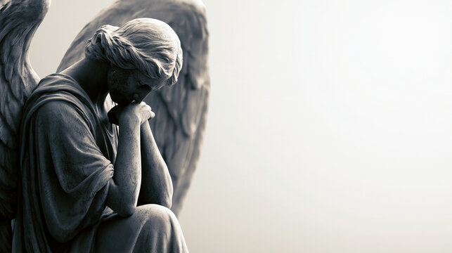 Faceless sorrowful angel with large wings in monochrome, dark contemplative pose, grief, fallen angel and solitude concept, with copy space