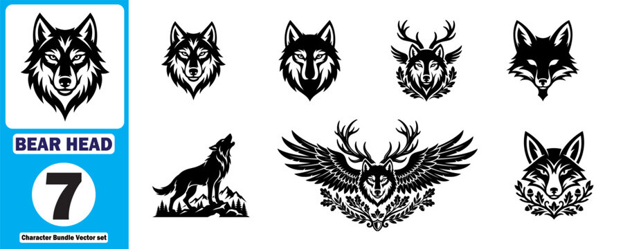 Collection of detailed wolf head illustrations and a full body wolf sketch
