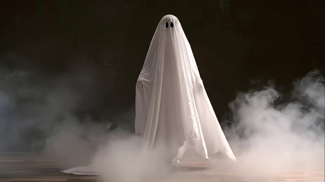 Classic white sheet ghost standing alone in a dark smoky room, flowing fabric draped to the floor with two small black eye holes, soft mist creating an eerie Halloween atmosphere and spooky supernatur